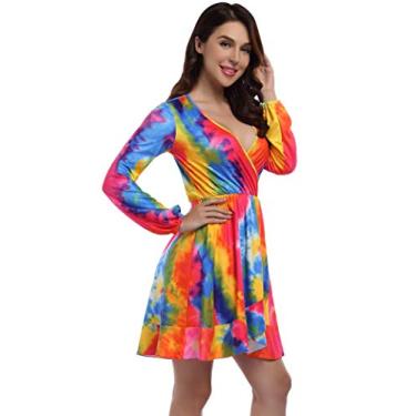 Imagem de Leadingstar Vestidos modernos femininos, Tie-dye com babados, arco-íris, P