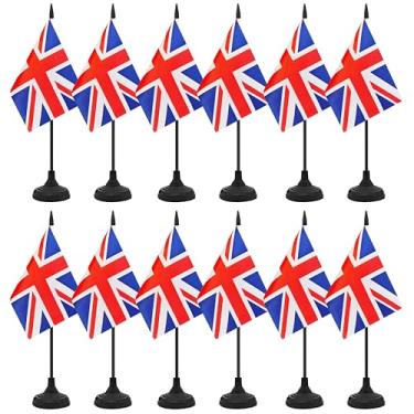 Imagem de Conjunto de 12 bandeiras de mesa do Reino Unido, bandeira de mesa de escritório da Grã-Bretanha, pequena bandeira de mesa em miniatura com mastro preto e base preta, sala de aula, decoração de mesa de