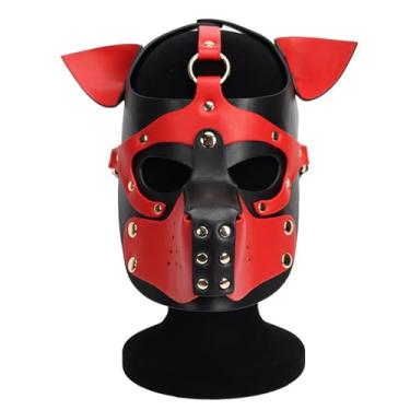 Imagem de ALMYMM Leather Puppy Mask, Neoprene Puppy Face Muzzle, Removable Full Face Pup Hood Mask, Halloween Mask, Men Cosplay Mask (Red)