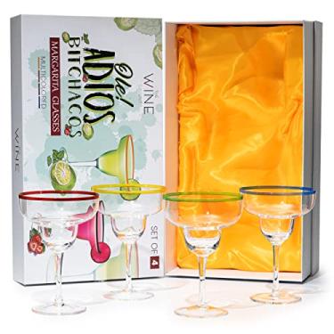 Imagem de The Wine Savant Margarita Cocktail Glasses, Party Colored Rims Cocktail Glasses 15.6 oz Set of 4 Fiesta Party Decoration Glasses, Mexican Glasses, Fun Box, Thick Stem, Heavy Duty