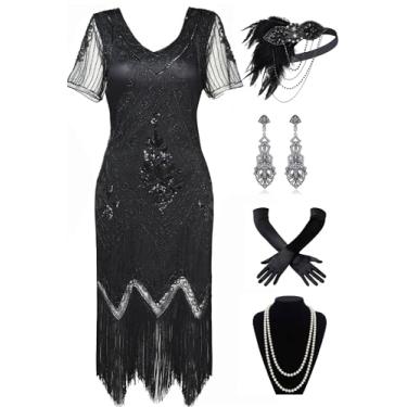 Imagem de BABEYOND Vestido estilo melindrosa anos 20 Art Deco com franjas e lantejoulas rugindo anos 20 vestido de fantasia Gatsby, Conjunto - Preto, P