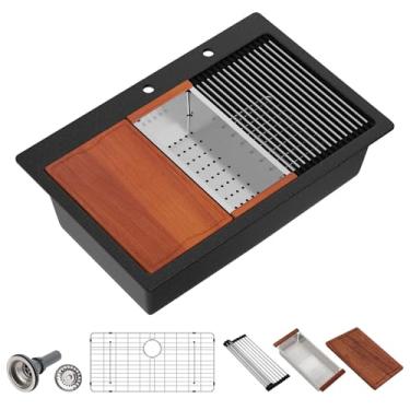 Imagem de Dcolora Pia de cozinha de granito preto de 83 polegadas Drop In Single Bowl multifuncional top mount #DC-0001GBT, preto fosco 83,8 cm x 56 cm x 25,4 cm