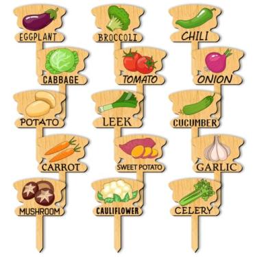Imagem de arricraft 15 marcadores engraçados de plantas, etiqueta de nome de vegetais tipo T com padrão de placa de jardim de plantas de madeira para sementes de vegetais em vasos internos e externos, 70 x 50
