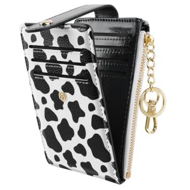 Imagem de Carteira feminina pequena de couro dobrável para mulheres, fina, com bloqueio de RFID, linda carteira organizadora multicartão com bolso com zíper, vaca, Vaca, with Keychain