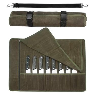 Imagem de Bolsa de ferramentas grande, bolsa de faca de chef, rolo de lona encerado resistente de lona, bolsa de ferramentas de viagem portátil com 11 bolsos para cutelo de carne, apontador de faca GJB445, Army Green, 27.5" x 18.8"