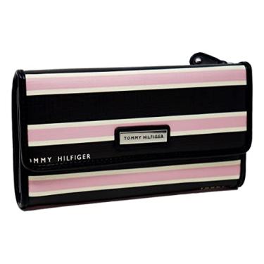 Imagem de Tommy Hilfiger Bolsa clutch feminina preta rosa e branca com logotipo de lona revestida com logotipo de cheques