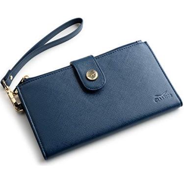 Imagem de Carteira feminina de pulso RFID e suporte de telefone | Organizador dobrável de vários cartões de crédito com bolsos com zíper e embalado em caixa de presente, Azul - grão Saffiano, SMALL, Clássico
