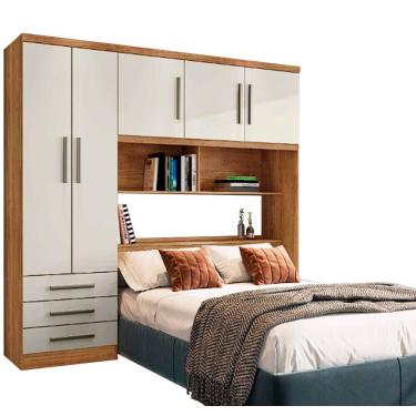 Imagem de Guarda Roupa Mexico Casal com Cabeceira Baú 5 Portas 3 Gavetas e Prateleiras Rud Rack Cor Cedro Areia