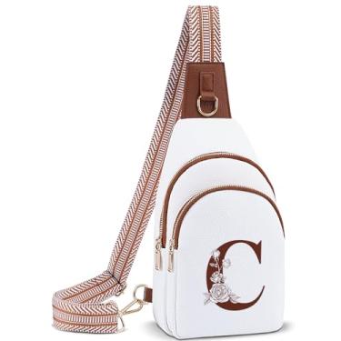Imagem de Lizznoe Bolsa tiracolo feminina de couro com letra inicial pochete para viagem, presente para mãe e esposa, Branco/Marrom