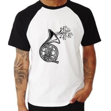 Imagem de Camiseta Raglan Trompa Notas Musicais - Foca na Moda, Branco, Preto, P