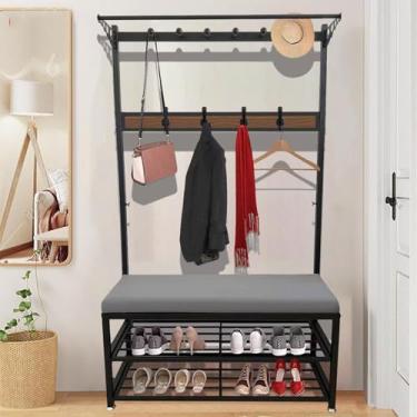 Imagem de Cabideiro, banco de entrada de árvore de corredor com cabideiro, 3 em 1, árvore de corredor com banco de armazenamento de sapatos, árvore de corredor com 9 ganchos, multifuncional, para sala de estar,