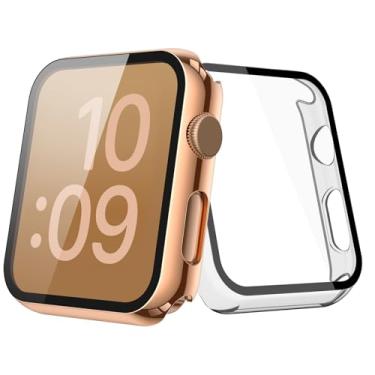 Imagem de [Pacote com 2] Capa dourada de cobre JULK com protetor de tela para Apple Watch série 3/2 de 42 mm, vidro temperado 9H com capa protetora rígida ultrafina para iWatch [1 cobre dourado + 1 transparente