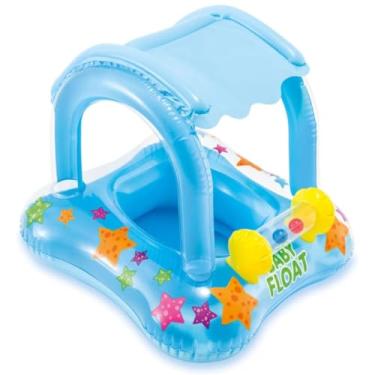 Imagem de Boia Bote com Fralda e Para-Sol Infantil e Bebê com Cobertura para Piscina Praia Natação Inflável Premium (Azul Mesclado)