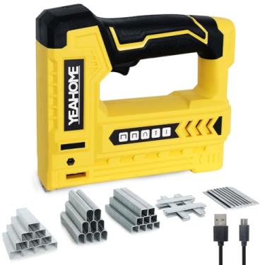 Imagem de YEAHOME Pistola elétrica de grampear 5 em 1 sem fio para estofamento com grampos de 1200 5/40.6 cm, grampos em forma de U, 600 pregos de 19/81.3 cm, pregos 60019/81.3 cm e 1 cabo carregador USB