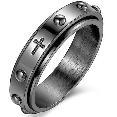 Imagem de Adreamz Anel giratório católico de rosário de prata preta de 6 mm/8 mm para alívio da ansiedade com contas, anel de aço inoxidável, Aço inoxidável, Sem pedra preciosa