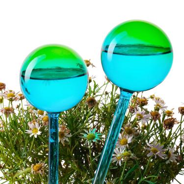 Imagem de Globo de irrigação automática com 2 peças de 25,4 cm de comprimento, verde, azul, degradê, vidro soprado à mão, interior e externo, vaso de jardim, planta, pátio, flor, ervas, espigão, água, sistema decorativo de irrigação automática