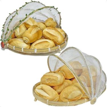 Imagem de Jogo 2 Cesto Porta Pão/bolo Bambu Rústico Grande Cobertura Retrátil - 