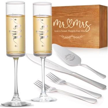 Imagem de VARLKA Conjunto de faca e servidor de bolo de casamento, noiva e noivo Sr. e Sra. Flautas e garfos de champanhe com caixa de madeira, conjunto de corte de bolo para presentes de chá de panela de