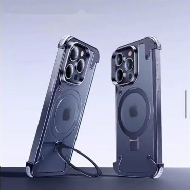 Imagem de Capa de celular sem moldura com suporte magnético de liga de alumínio para iPhone 13 14 15 16 Pro Max Plus, capa de lente de metal fosca, capa traseira fosca, azul titânio, para iPhone 13 ProMax