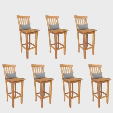 Imagem de Kit 07 Banqueta Alta Com Encosto Wood Madeira Maciça Peroba Rosa Com Almofada Corino Cinza - Ahz Móveis