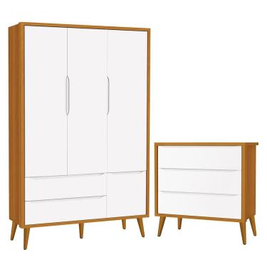 Imagem de Jogo de Quarto Infantil Theo Retrô Guarda Roupa 3 Portas e Cômoda com Pés Amadeirado - Reller Móveis Branco/Savana