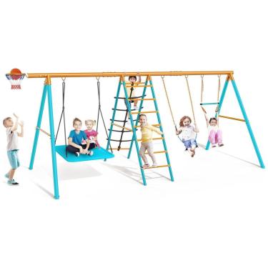 Imagem de Playground Infantil de Metal com Cesta de Basquete, Barra de Trapézio, Redes de Escalada e 2 Balanços, Osoeri OS-SW01, Azul