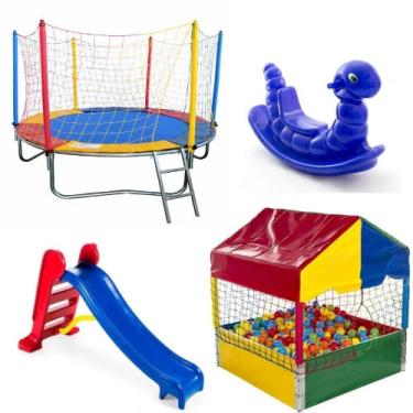 Imagem de Pula Pula Cama Elástica 2,30m Premium + Piscina de Bolinhas 1,00m + 500 Bolinhas + Escorrega Médio + Gangorra 1 L Infantil