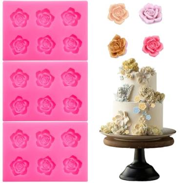 Imagem de 3 peças de molde de silicone de flor de rosa, mini moldes de chocolate de fondant de rosa para assar biscoitos, açúcar, argila, cupcake, decoração de bolos, fabricação de cera