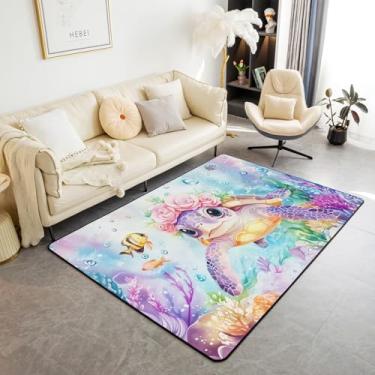 Imagem de jejeloiu Tapete de sala de estar oceano para quarto, 12 x 18 cm, decoração de tartarugas marinhas, para meninos, meninas, adolescentes, azul claro, roxo, tapete de chão macio