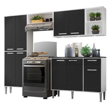 Imagem de Cozinha Compacta C/ 3 Leds 4 Pçs Xangai Multimóveis V3415 Branca/Preta Branco/Preto