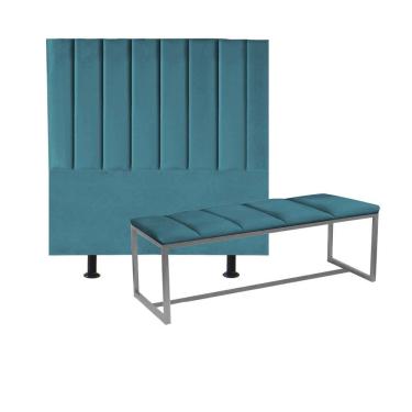 Imagem de Kit Cabeceira Carla E Calçadeira Industrial 195cm King Size Box Ferro Cinza Suede Azul Turquesa