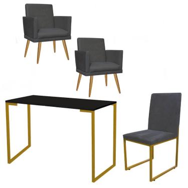 Imagem de Kit 2 Poltronas Com Cadeira E Mesa Preto Dourado Corino Cinza
