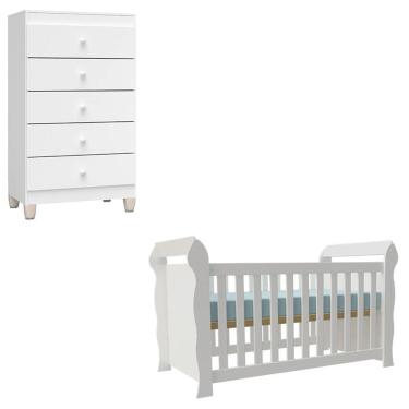 Imagem de Berço Americano e Cômoda Gaveteiro Lara Ternura Baby 5 Gavetas MDF MDP Madeira Maciça 154 cm Branco Incorplac Móveis