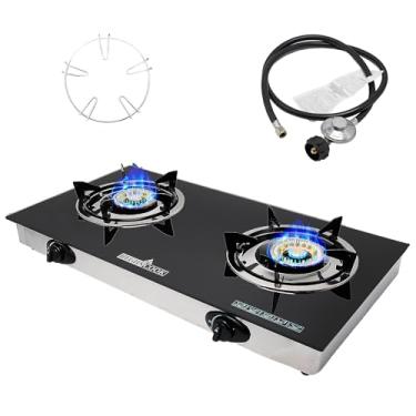 Imagem de RegiisCook Fogão a gás propano com 2 queimadores, fogão a gás GLP portátil para acampamento, bancada de vidro temperado de ignição automática com grade de queimador regulador