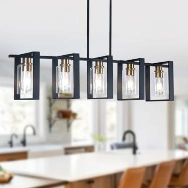 Imagem de HOLAPORAA Luminária Para Sala De Jantar, Estilo Fazenda, Preta, 5 Luzes, Ilha Cozinha, Iluminação Com Cúpula Vidro, Lustres Lineares Madeira, Teto Rústico, Luminárias Pendentes