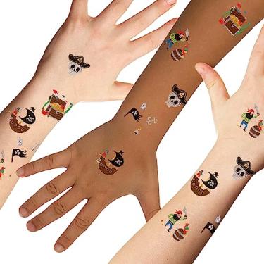 Imagem de Tatuagens temporárias de pirata infantil Flash Tatttos | 25 tatuagens em 5 designs | Artigos de festa de aniversário pirata | Festa náutica | Navio pirata, caveira, tripulação,