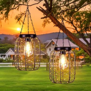 Imagem de ALL FORTUNE Lanternas Solares Suspensas Para Áreas Externas, À Prova D'Água, Luzes De Lanterna Vintage Cobre Ideia Lustre Jardim, Caminho, Gazebo, Pérgola, Decoração Varanda, Pacote Com 2