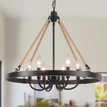 Imagem de JLBTQ Lustre Preto Com 6 Luzes E Roda De Carroça - Luminária Pendente Moderna Estilo Fazenda Altura Ajustável Para Sala Jantar, Estar, Cozinha Ilha, Quarto, Entrada, Base E12