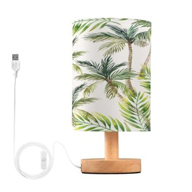 Imagem de YEGAME Abajur De Cabeceira Com Palmeira Tropical Para Quarto, Mesa Pequena, Leitura Led, Porta Usb, Base Madeira, Redondo Tecido Linho, Quarto Infantil, Sala Estar E Escritório