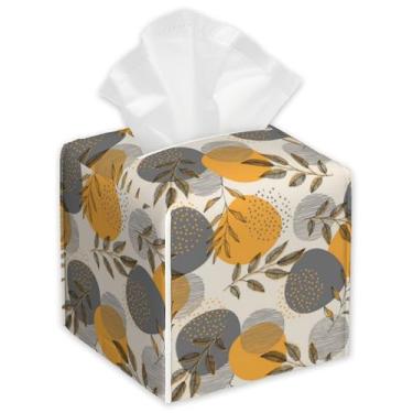 Imagem de Capa quadrada de caixa de lenços de folhas boêmias, listras e pontos com parte inferior de cinto, suporte de guardanapo de couro elegante para bancada, mesinhas de cabeceira, mesa de escritório, 14 cm