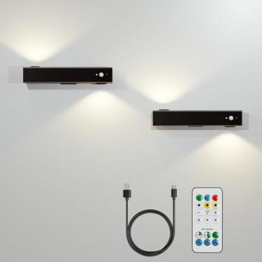 Imagem de HWAWFSD Luminária De Parede Com Sensor Movimento E Controle Remoto, Luz Magnética Recarregável, Sem Fio, Para Ambientes Internos, Adequada Corredores, Salas, Led Noturno - Pacote 2 Unidades, Preta