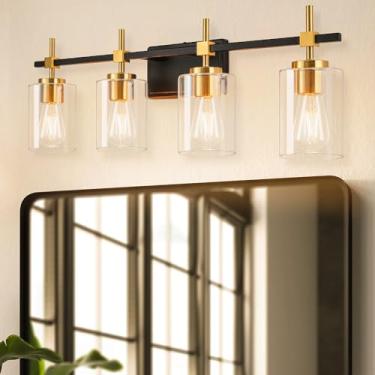 Imagem de Mateyrie Luminária De Banheiro Com 4 Luzes, Acessórios Dourados E Pretos, Arandelas Parede Cúpula Vidro, Luzes Escovadas Modernas Para Quarto, Corredor (Dourado + Preto, Luzes)