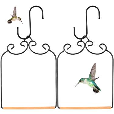 Imagem de Ripeng 4 peças Beija-flor Swing Metal Frame Beija-flor Swing com Cavilha de madeira Beija-flor Acessório alimentador de poleiro de pássaro e gancho em forma de S de ferro preto para pendurar no interi