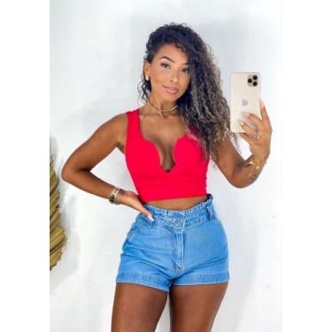Imagem de Blusa cropped feminino com bojo decote sereia alça larga suplex moda m