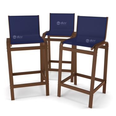 Imagem de Kit 3 Banquetas Alta Bancada Alumínio Marrom Tela Azul