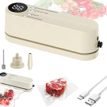 Imagem de Mini seladora a vácuo 3 em 1 sem fio para armazenamento de alimentos secos/úmidos, portátil, seladora a vácuo térmica para salgadinhos, sacos de lanches, uso doméstico, sucção externa e inflação (bege