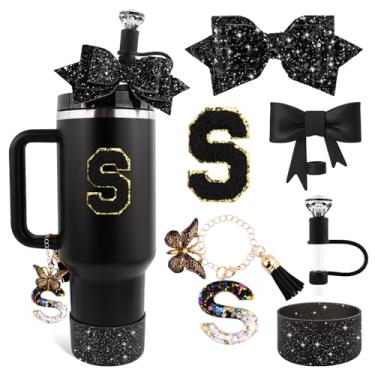 Imagem de Lingdeer Conjunto de acessórios de copo preto para Stanley 850 g e copo de 1,134 g com alça, pingentes de letras, capas de canudo de arco e diamante, bota de silicone com glitter, adesivo
