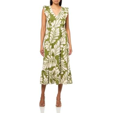 Imagem de Anne Klein Vestido midi moderno SLV com decote em V e babados, Folha de trevo/branco, 36