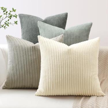 Imagem de OTOSTAR Pacote com 4 capas de almofada decorativas 45,7 x 45,7 cm de veludo cotelê macio decorativas modernas capas de almofada para sofá de fazenda Boho fronhas decoração de sofá para casa (cinza