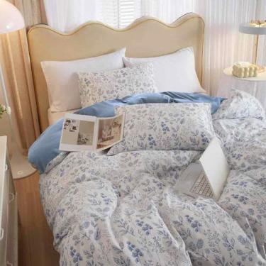 Imagem de Faincy Conjunto de edredom floral tamanho casal, estampa de flores brancas e azuis, preppy reversível, conjuntos de cama alternativos – 80 x 90 3 peças, edredom de microfibra macia, cama vintage em